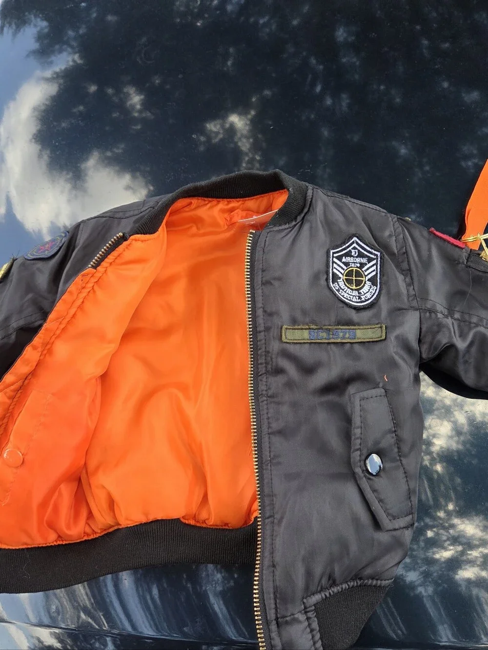 Black Bomber Jacket w/Orange Lining & Patch Details - No Size Tag, Use Measrmts